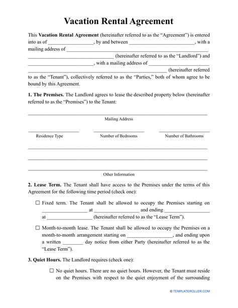 vacation rental agreement template word